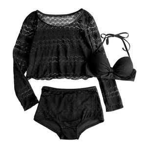 Black double layer lace bathing suit set